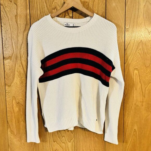 Hollister Womens White Oversized Pullover Sweater Blue Red Stripe Panel Size XS - Picture 1 of 5